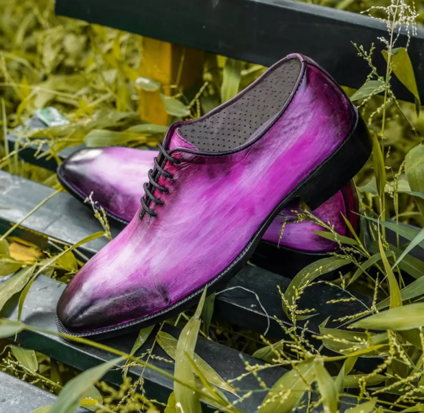 Men's Handmade Pink Two Tone Whole Cut Lace Up Oxford Shoes.