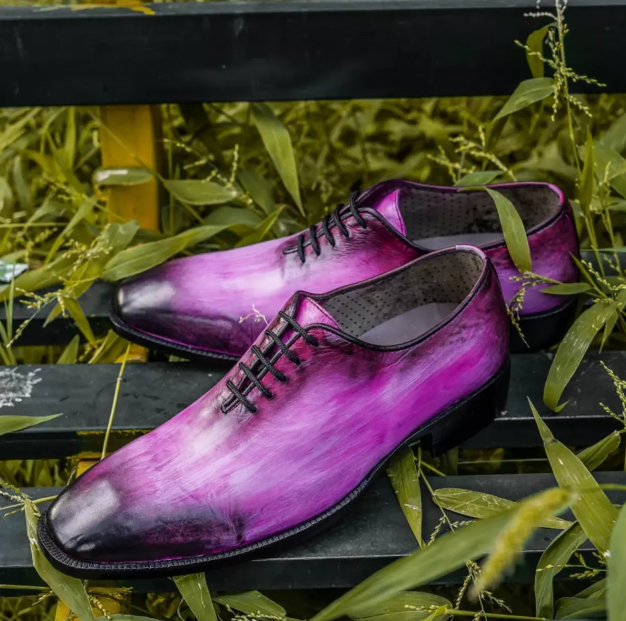 Men's Handmade Pink Two Tone Whole Cut Lace Up Oxford Shoes.