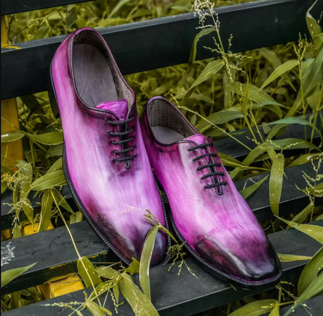 Men's Handmade Pink Two Tone Whole Cut Lace Up Oxford Shoes.