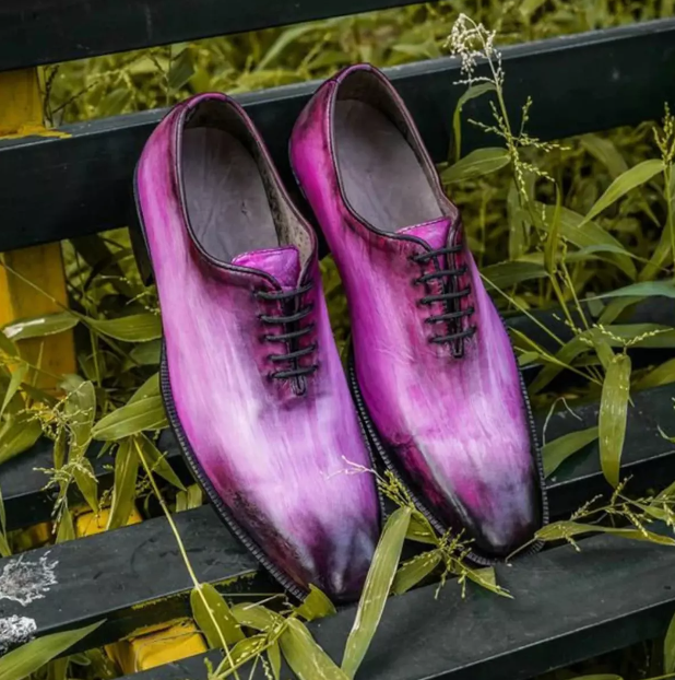 Men's Handmade Pink Two Tone Whole Cut Lace Up Oxford Shoes.
