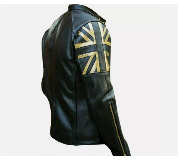 Handmade Mens Biker Vintage Motorcycle Black Cafe Racer UK Flag Union Jack Leather Jacket
