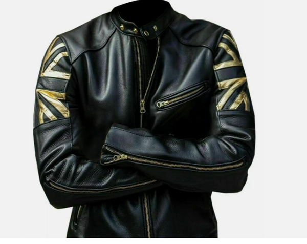 Handmade Mens Biker Vintage Motorcycle Black Cafe Racer UK Flag Union Jack Leather Jacket