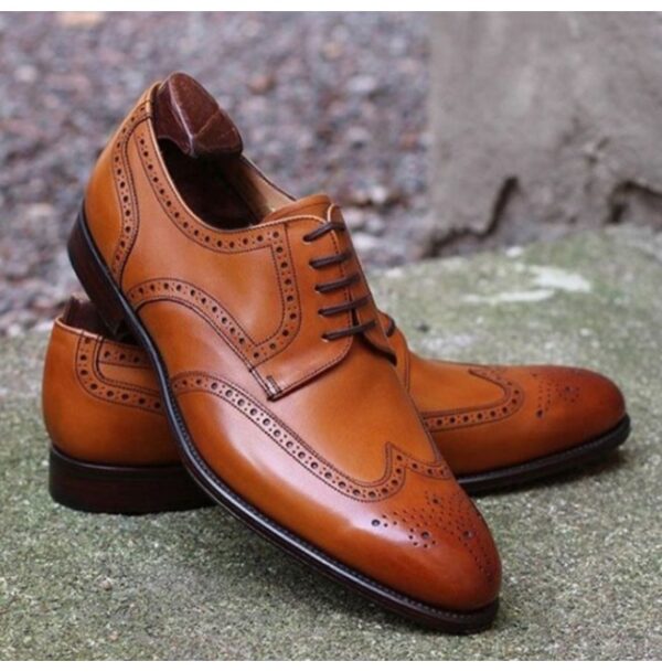 Handmade Brown Wing Tip Brogue Derby Lace Up Dress Leather Business Shoes