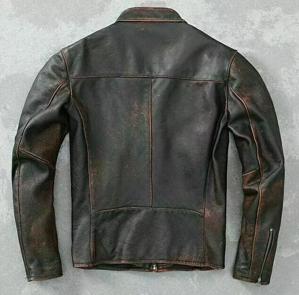 Handmade Men's Vintage Cafe Racer Jacket - Distressed Brown Genuine Cowhide Leather Motorcycle Biker Jacket