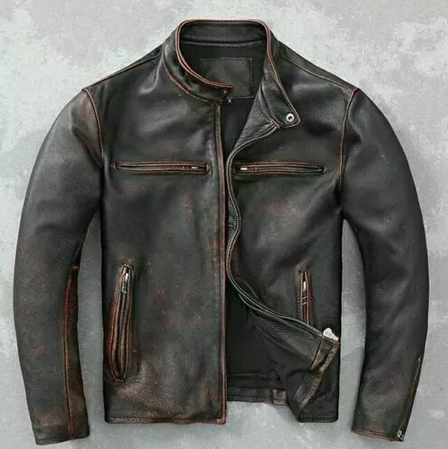 Handmade Men's Vintage Cafe Racer Jacket - Distressed Brown Genuine Cowhide Leather Motorcycle Biker Jacket