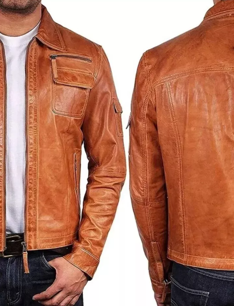 Handmade Men's Vintage Motorcycle Jacket - Fashion Real Lambskin Tan Leather Waxed Brown