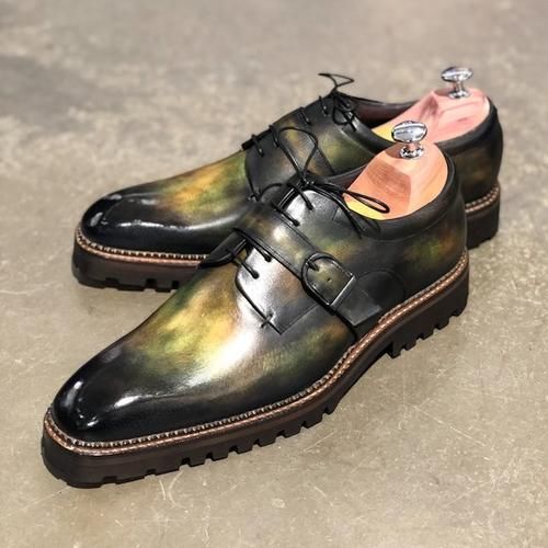 Handmade Goodyear Welted Mustard and Black Shaded Leather Oxford Lace up Single Monk Strap Dress shoes