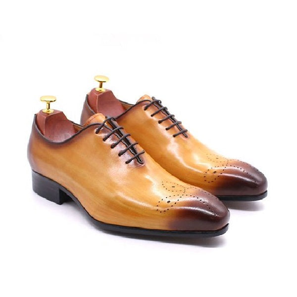 Handmade Goodyear Welted Tan and Brown Shaded Leather Oxford Wholecut Lace up Brogue Dress shoes