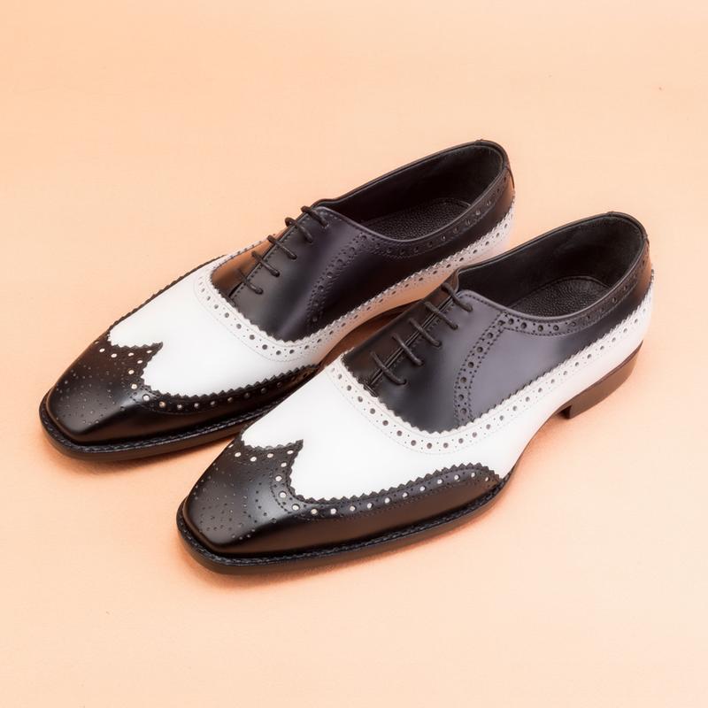 Handmade Goodyear Welted Men's Black and White Leather Brogue Shoes | Formal Dress Oxford Shoes