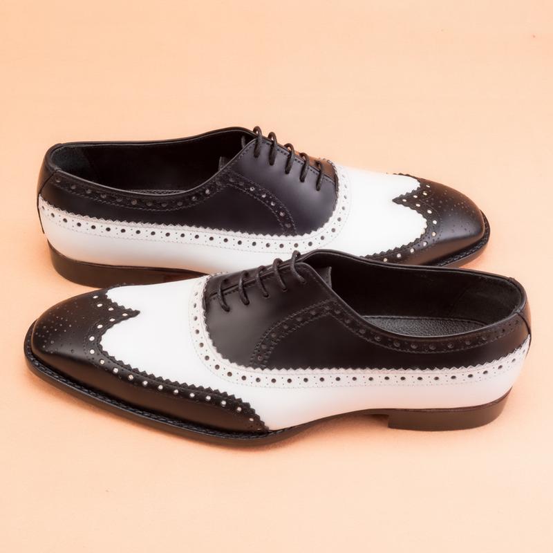 Handmade Goodyear Welted Men's Black and White Leather Brogue Shoes | Formal Dress Oxford Shoes