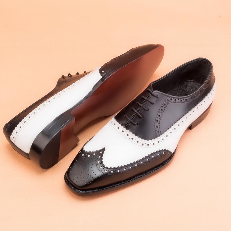 Handmade Goodyear Welted Men's Black and White Leather Brogue Shoes | Formal Dress Oxford Shoes