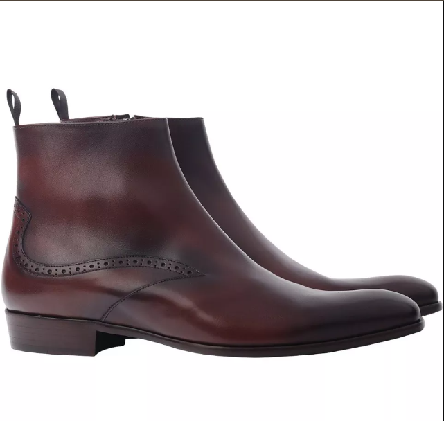 Men Brown Leather Ankle Boots With Zip Closure, Men Ankle Winter Boots