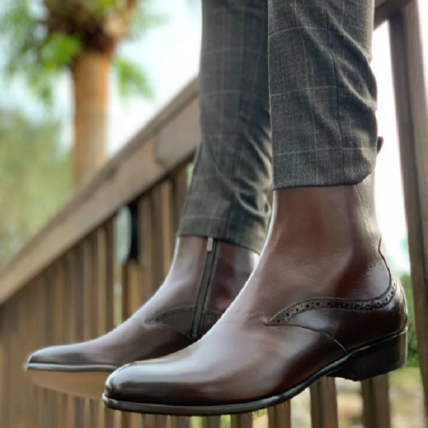 Men Brown Leather Ankle Boots With Zip Closure, Men Ankle Winter Boots