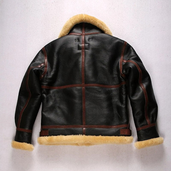 Handmade B3 Shearling Bomber Wool Collar Coat – Vintage Military Jacket for Men in Genuine Cowhide Leather
