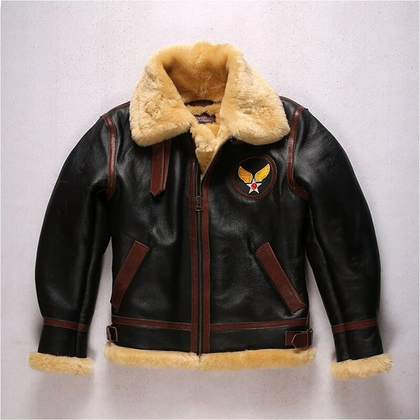 Handmade B3 Shearling Bomber Wool Collar Coat – Vintage Military Jacket for Men in Genuine Cowhide Leather