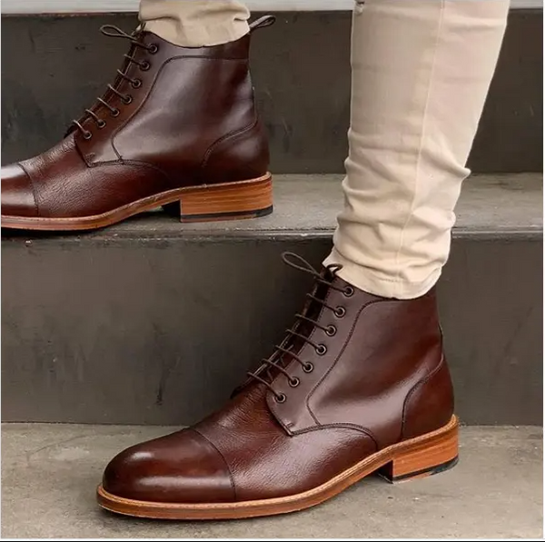 Handmade Men Brown Leather Ankle Boots with lace up closure, Winter boots